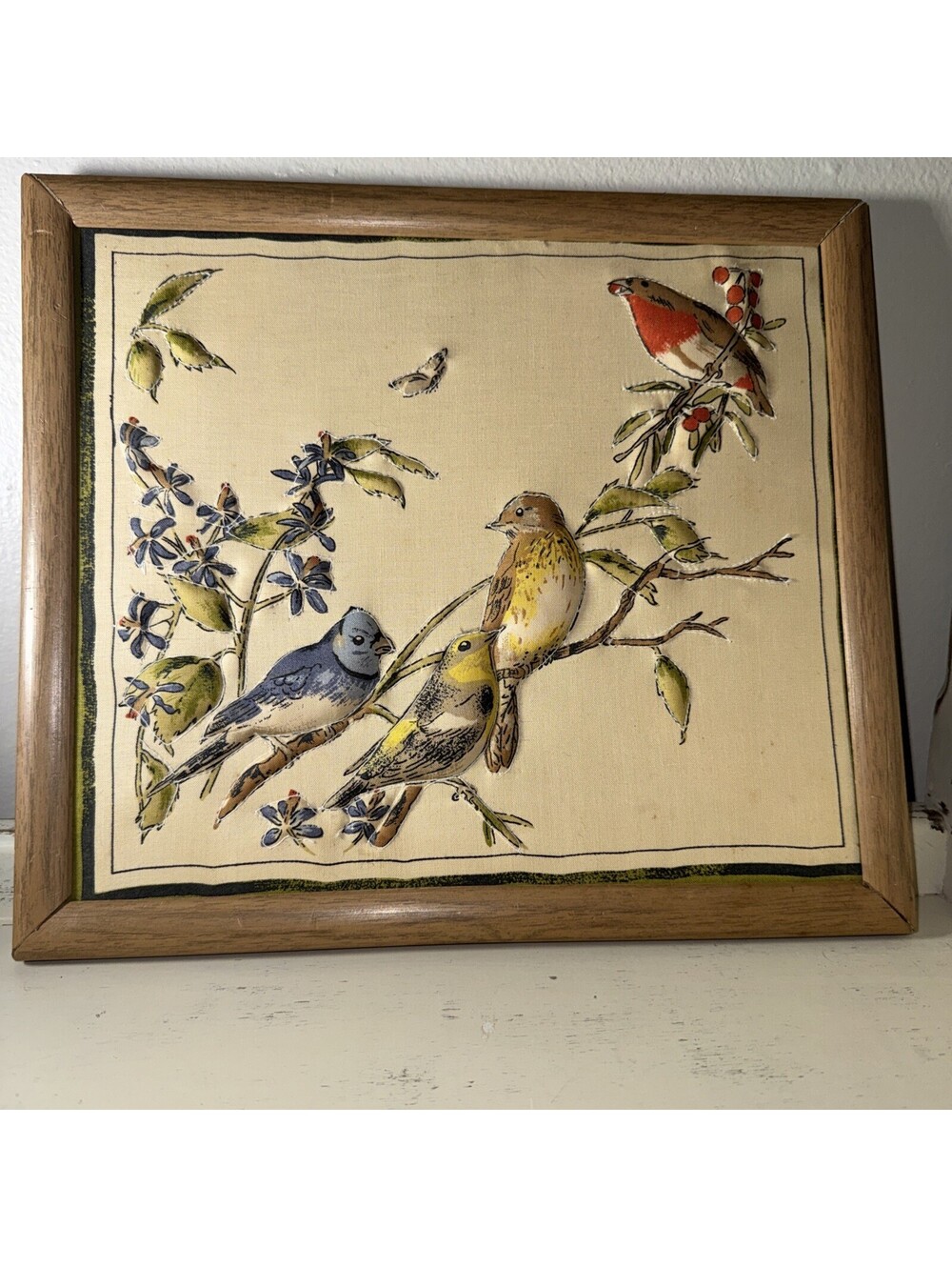 Vintage Framed Quilted Fabric Art Raised Art Birds Nature Woodland Scene
